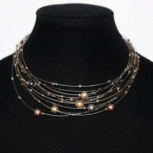 Beautiful silver and gold wire and bead memory wire necklace magnetic clasp 16"
